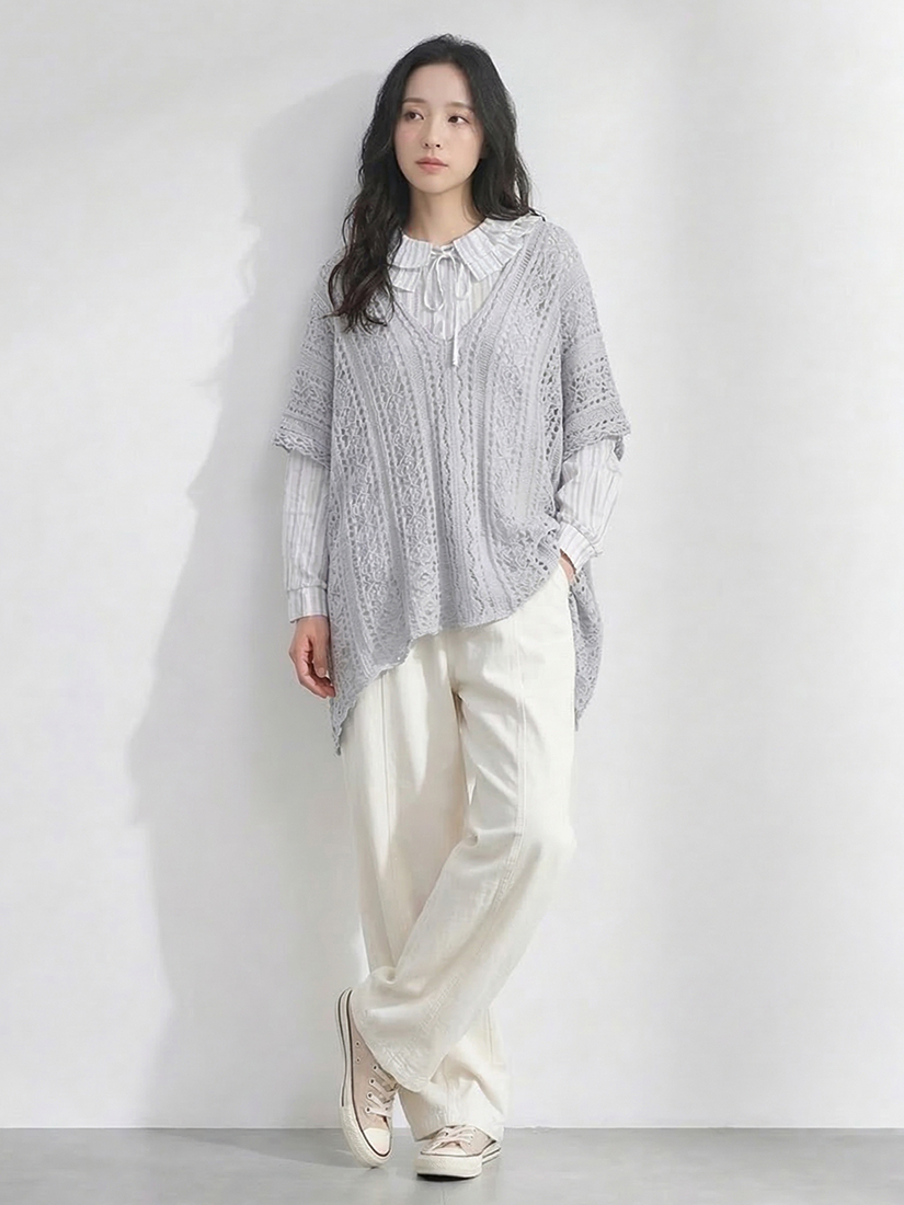簍空針織罩衫荷葉領壓皺襯衫配釦剪接寬褲組合