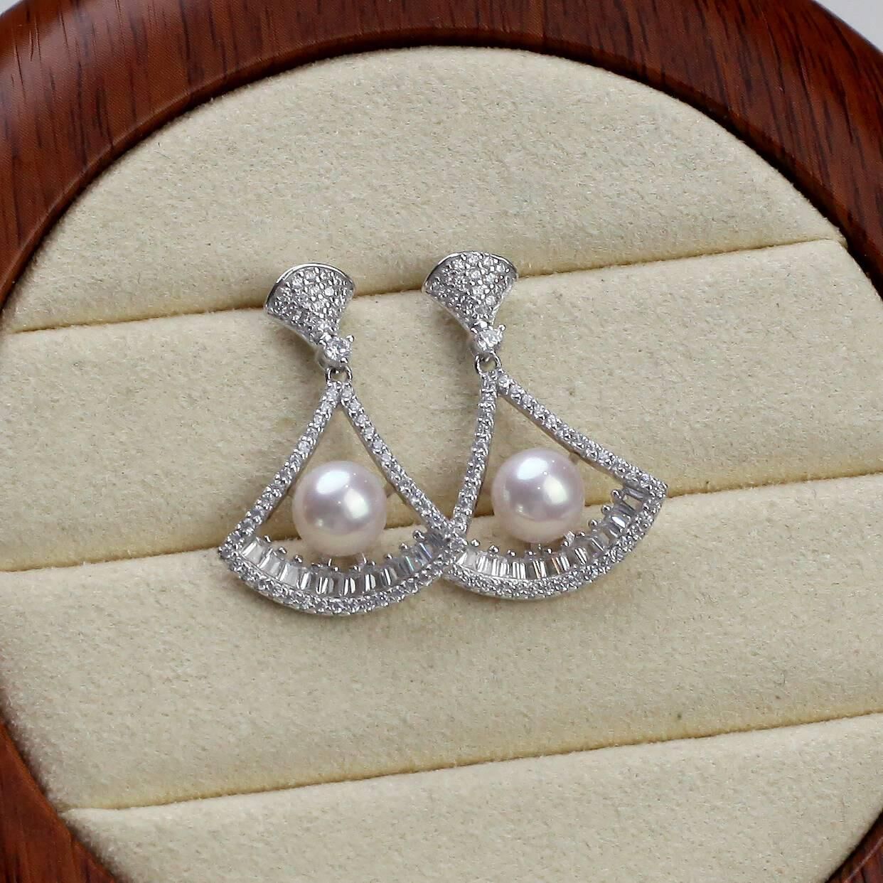 (EC94) 6-7MM天然淡水珍珠小閃裙耳環(S925) - #珍珠 #2004PE