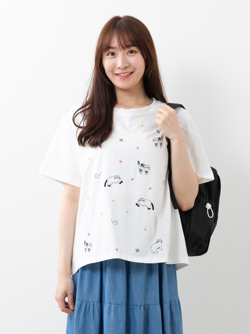 貓咪刺繡上衣輕盈薄棉下擺壓褶牛仔裙組合