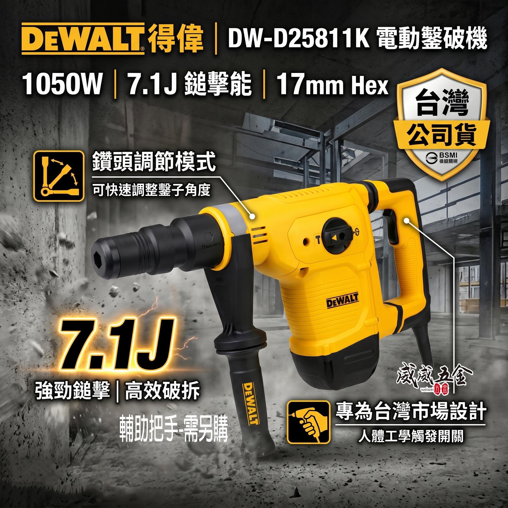 DEWALT 美國 得偉｜1050W 5KG插電式電動鑿破機 插電破壞鎚 破碎機 電鎚｜附箱子｜D25811｜D25811K｜公司貨