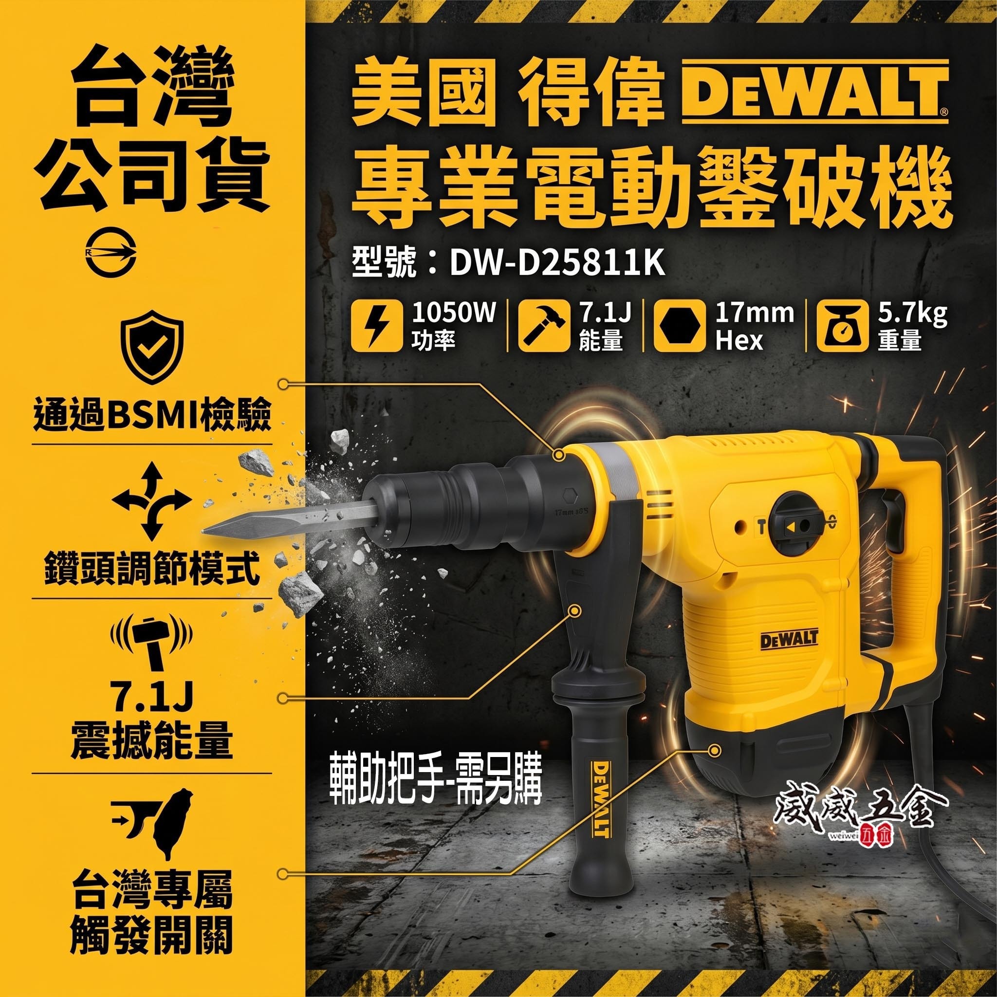 DEWALT 美國 得偉｜1050W 5KG插電式電動鑿破機 插電破壞鎚 破碎機 電鎚｜附箱子｜D25811｜D25811K｜公司貨