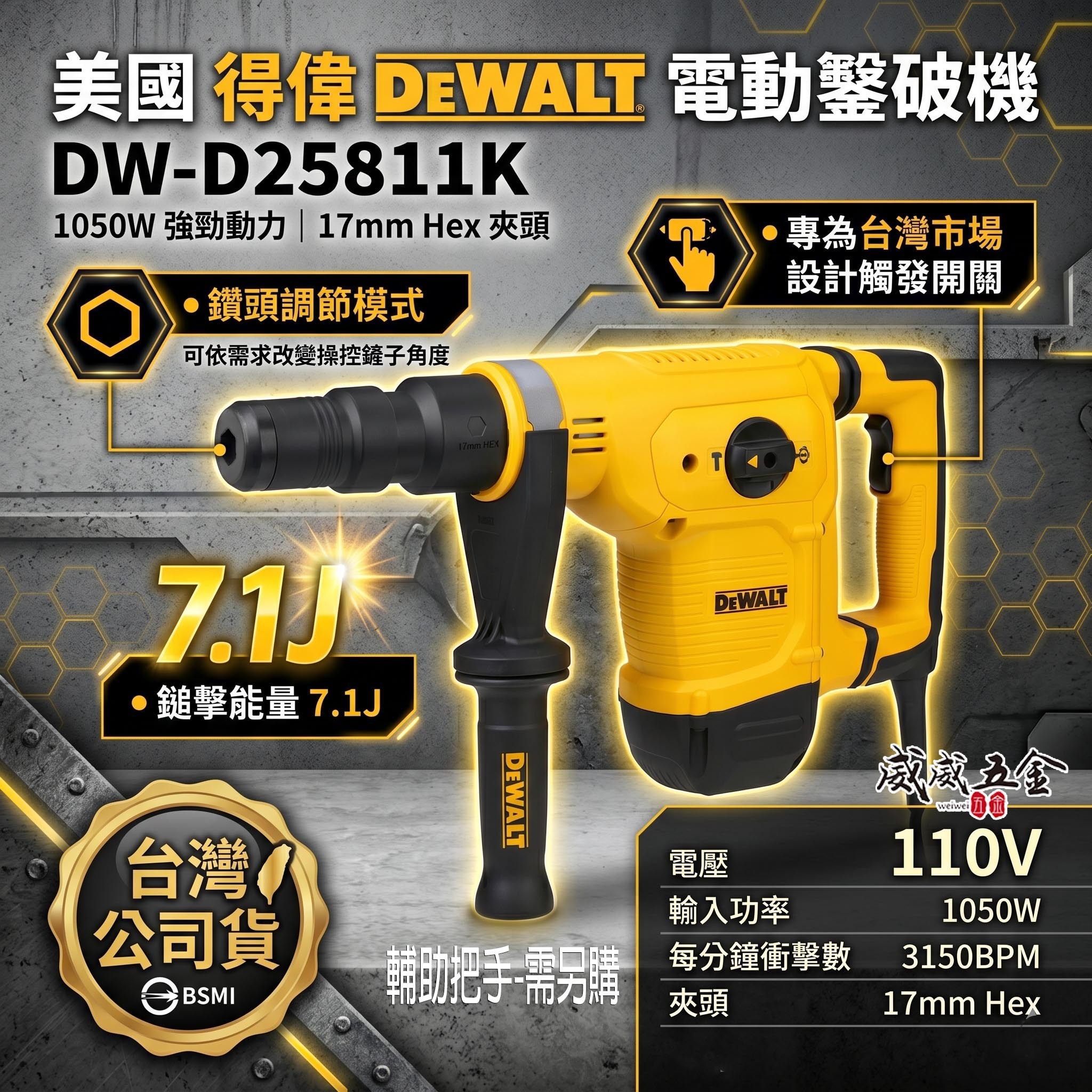DEWALT 美國 得偉｜1050W 5KG 插電式電動鑿破機 強力型插電破壞鎚 破碎機 電鎚｜D25811K + 附原廠收納箱｜D25811｜公司貨