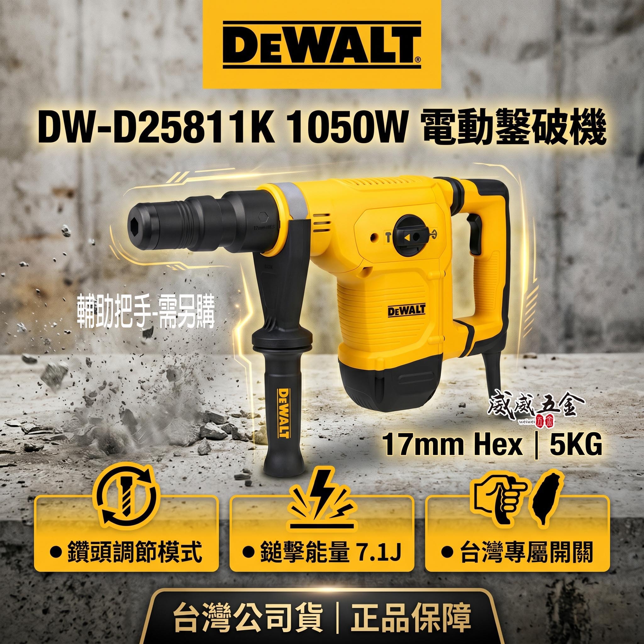 DEWALT 美國 得偉｜1050W 5KG 插電式電動鑿破機 強力型插電破壞鎚 破碎機 電鎚｜D25811K + 附原廠收納箱｜D25811｜公司貨