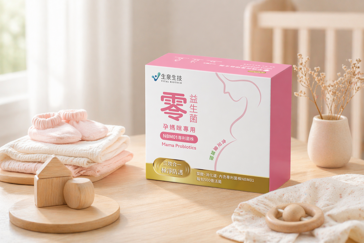 孕婦益生菌推薦：生泉生技「零 孕媽咪益生菌」產品外盒，含台灣專利 NBM01 菌株