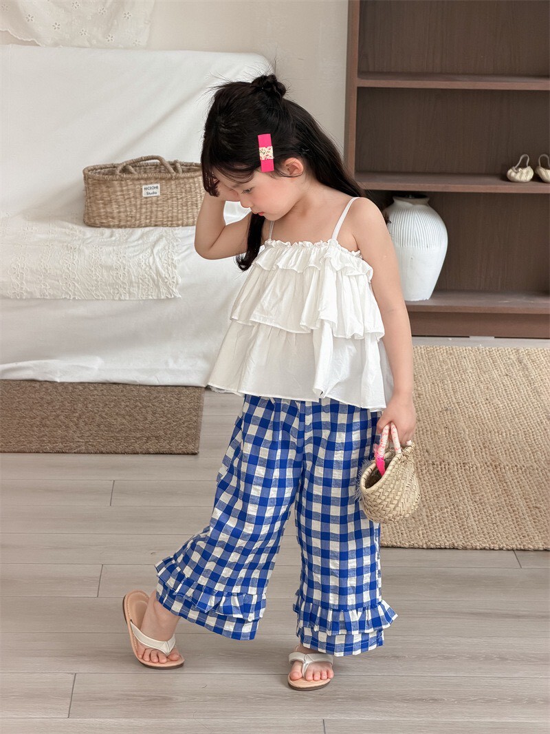 ✴︎女童✴︎藍白格子花邊漸層造型褲  ꕀꕀꕀ