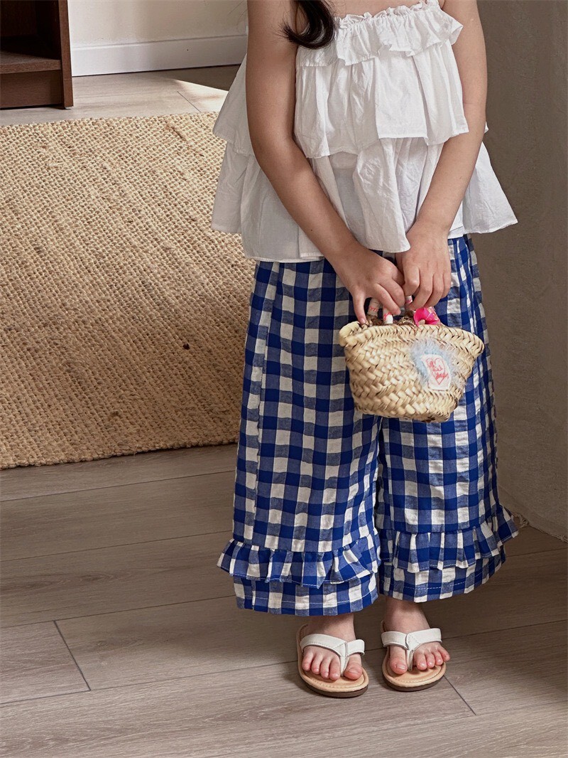 ✴︎女童✴︎藍白格子花邊漸層造型褲  ꕀꕀꕀ