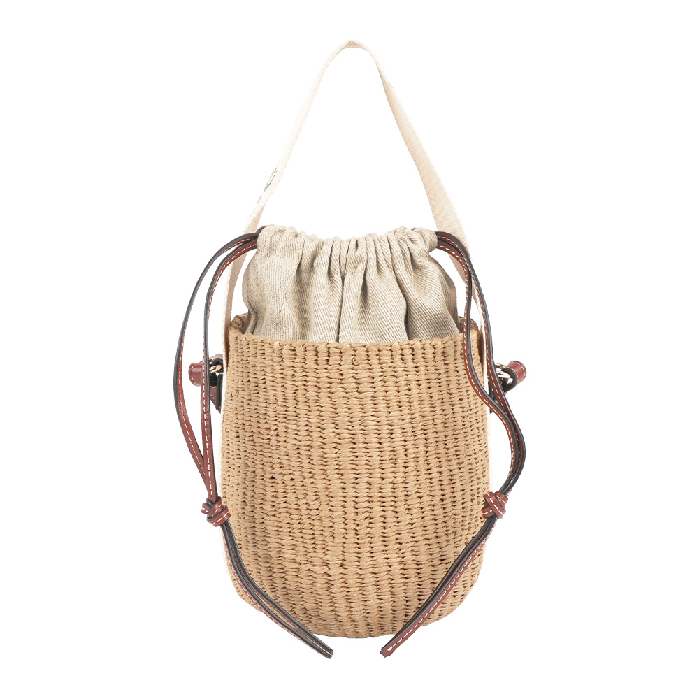 【Chloé】Woody 緞帶飾邊編織束口水桶包(自然色/白色)