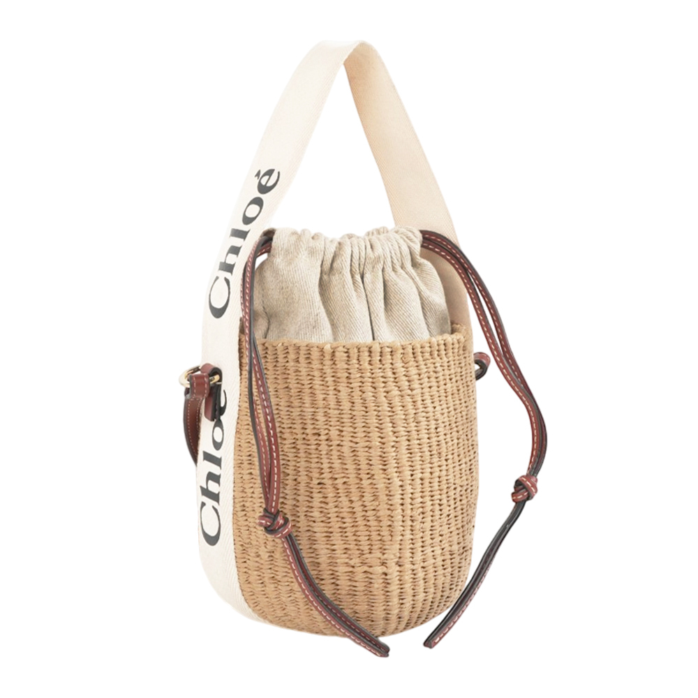 【Chloé】Woody 緞帶飾邊編織束口水桶包(自然色/白色)