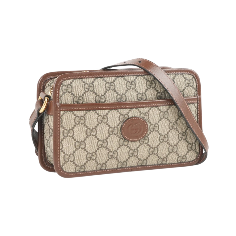【GUCCI】Interlocking G 塗層帆布拉鍊迷你斜背包(棕色)