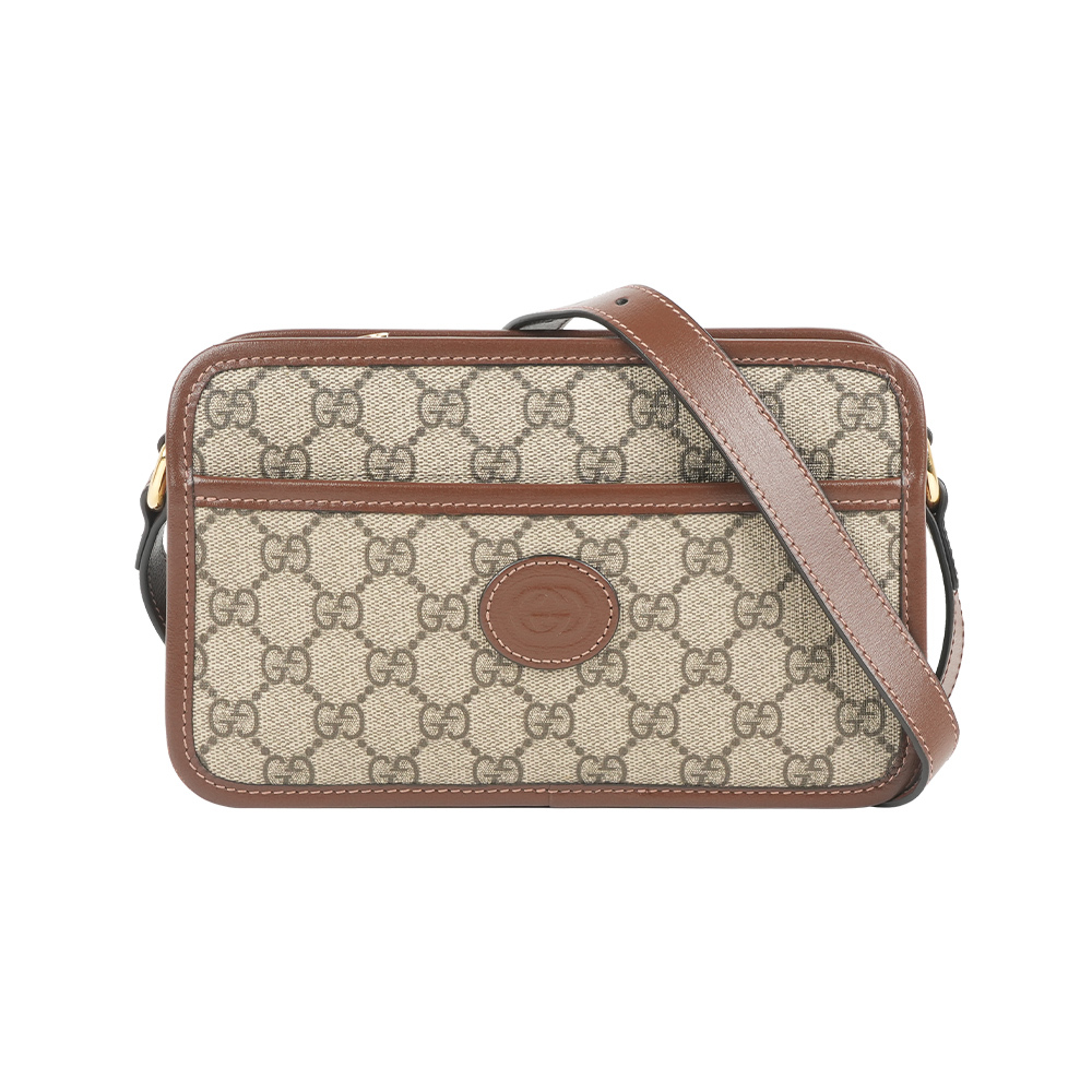 【GUCCI】Interlocking G 塗層帆布拉鍊迷你斜背包(棕色)