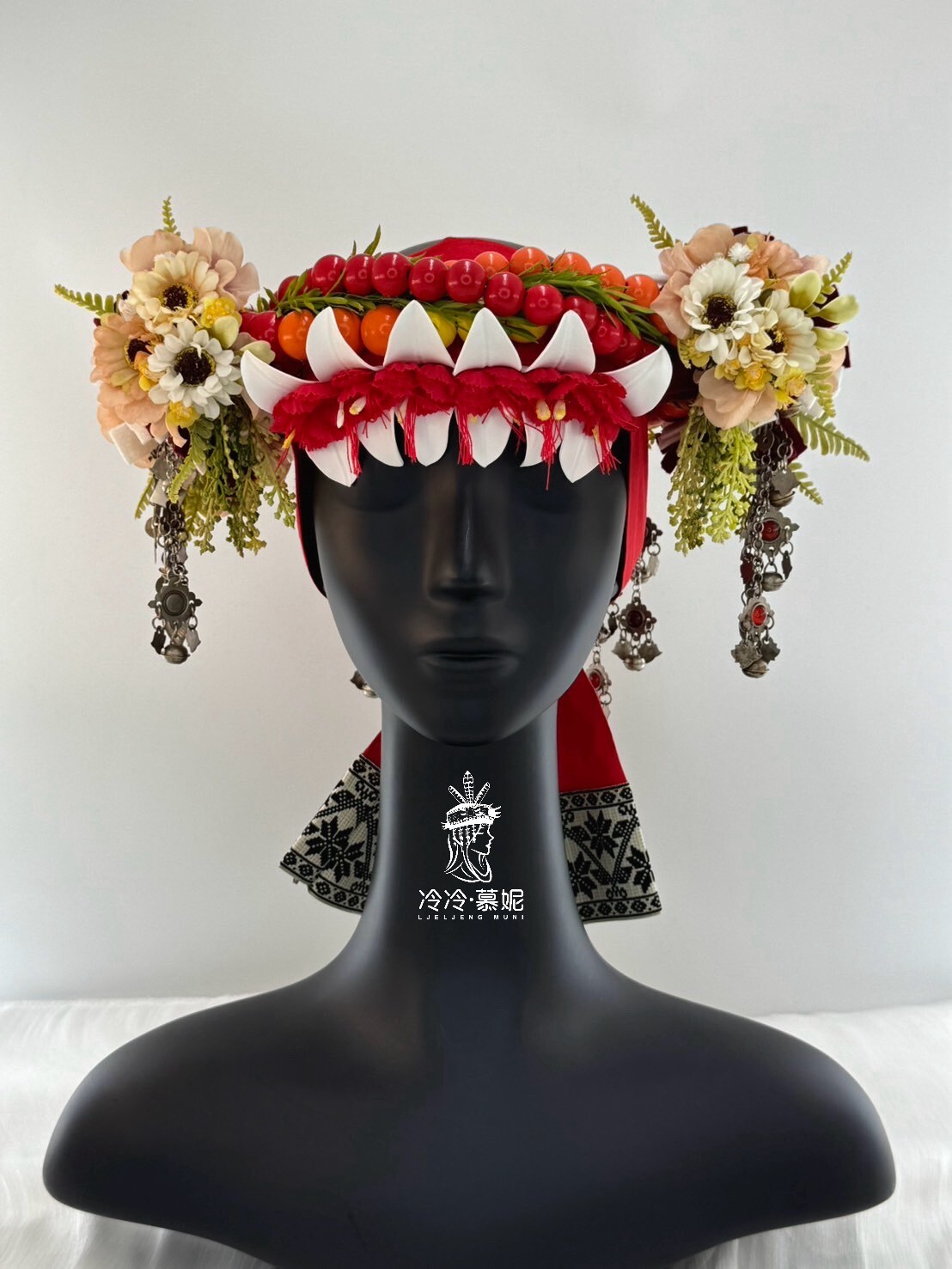 W-No.61木珠配花阿富汗老銀轉珠頭飾 55cm