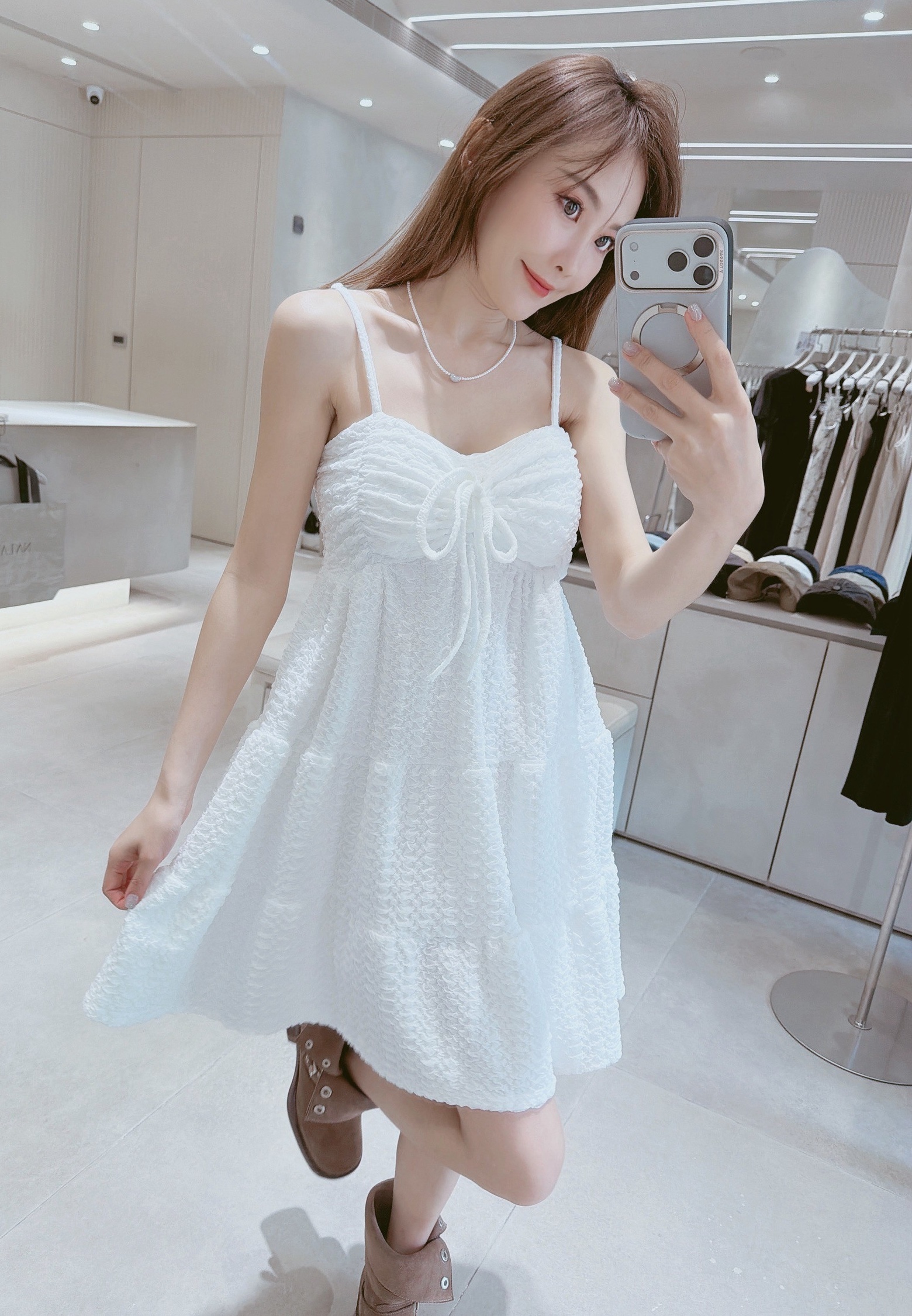 前抽繩泡泡紋細肩短洋