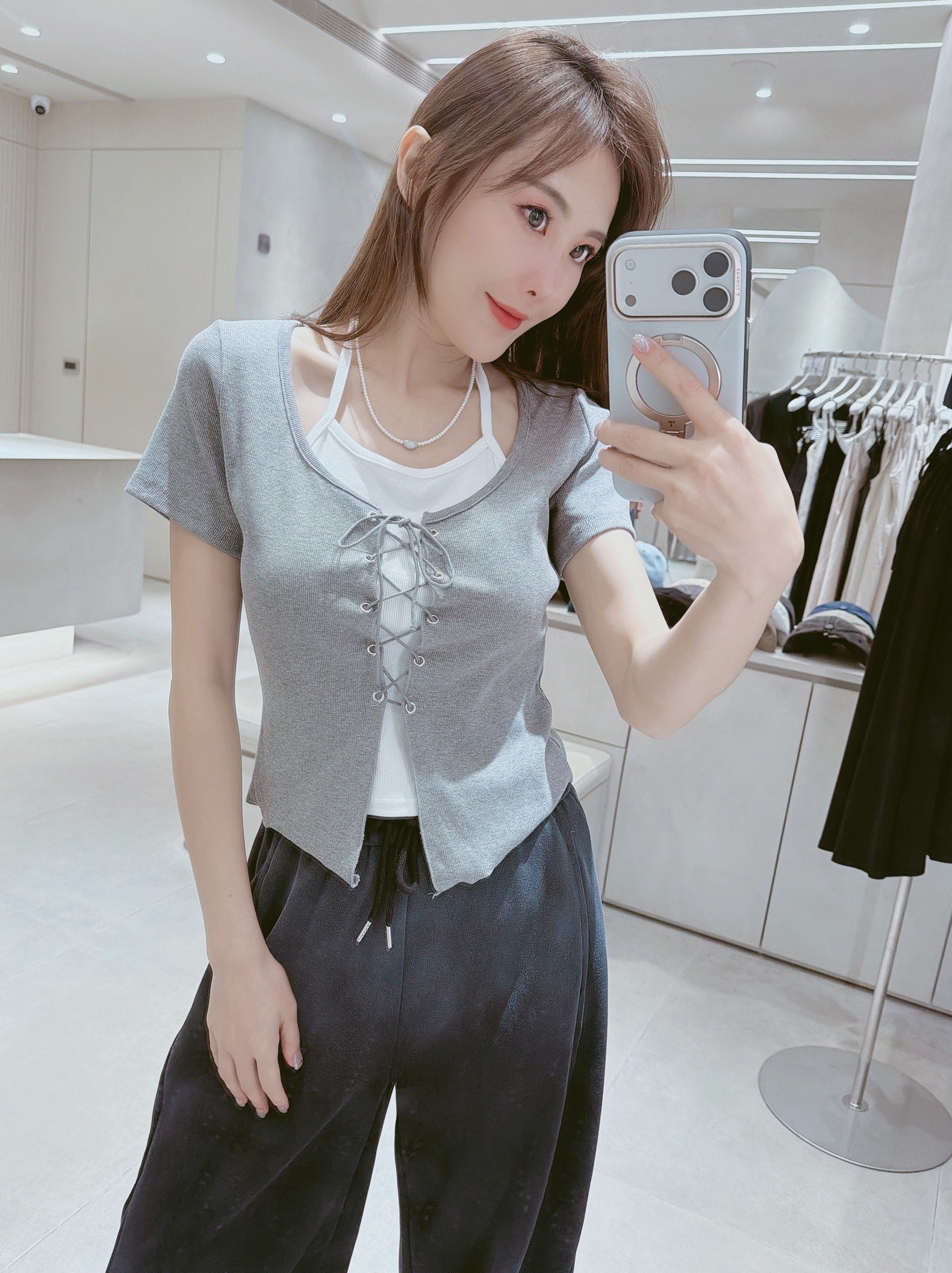 前綁帶假兩件撞色上衣