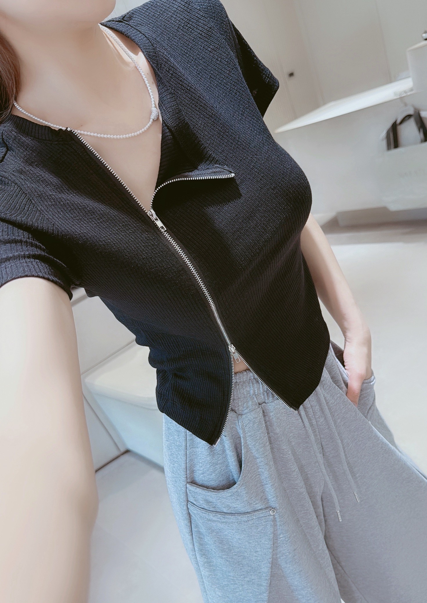 側邊雙拉鍊坑紋棉質衣