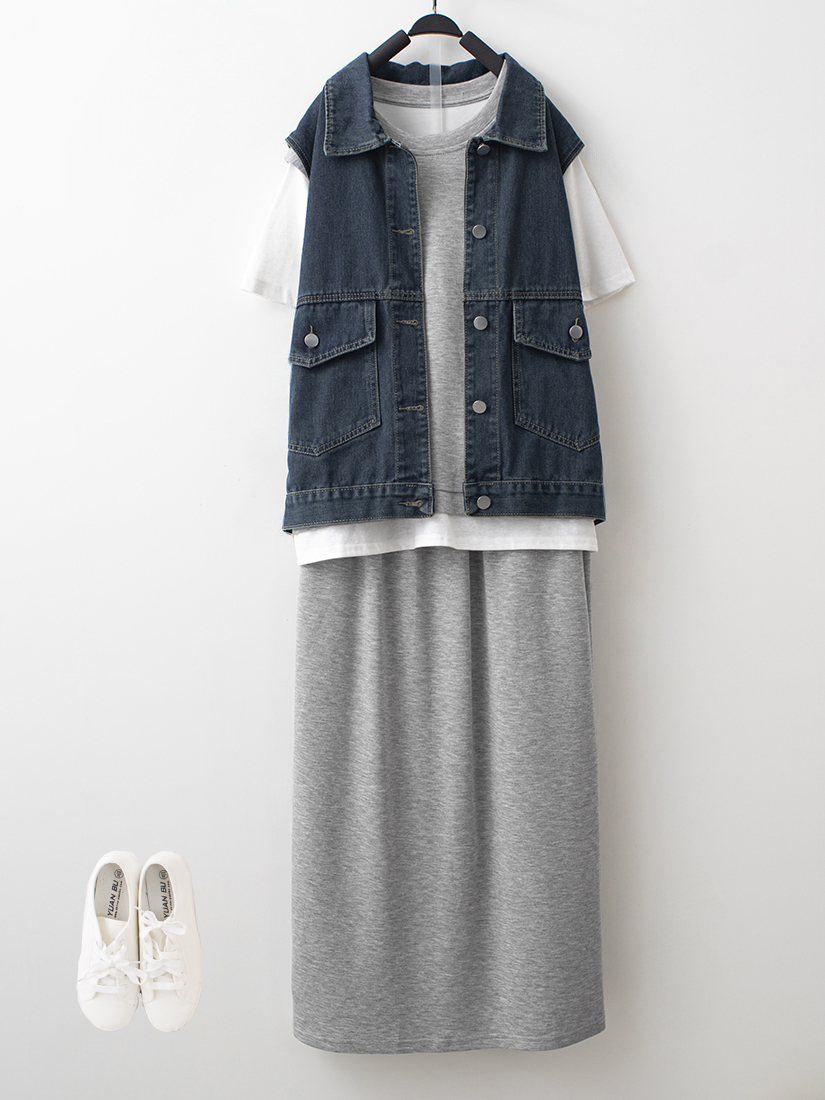 口袋牛仔背心空氣棉仿兩件式修身成套組組合