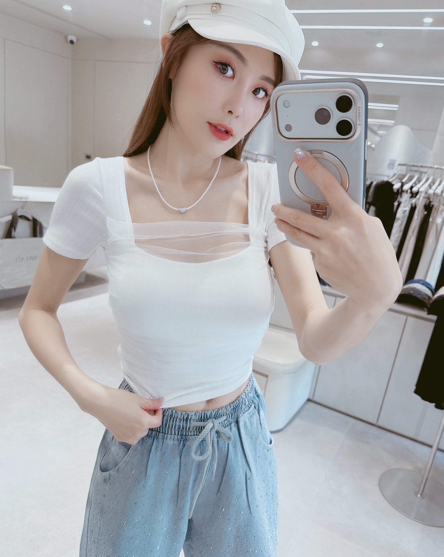 方領接網紗坑紋罩杯衣