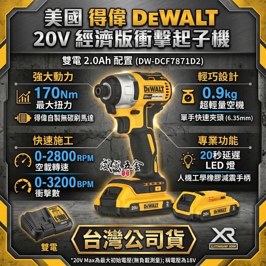 DEWALT 美國 得偉｜20V 無碳刷-經濟版衝擊起子機 充電｜雙電2.0Ah｜DCF7871D2｜公司貨