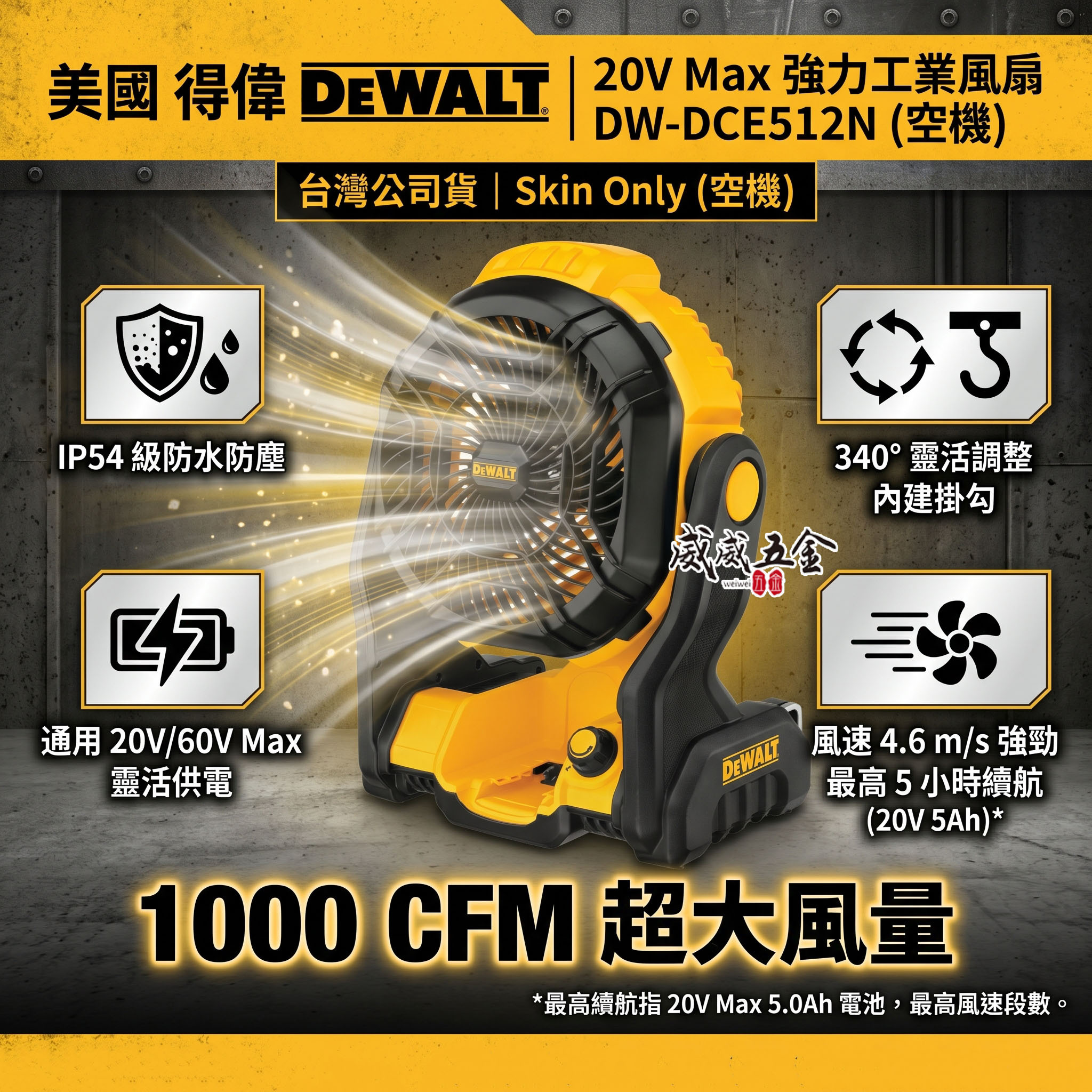 DEWALT 得偉 美國｜20V 充電式電風扇 無段變速充電電池式電扇 ｜空機｜DCE512 DCE512N DCE512B｜公司貨