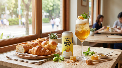 明亮的咖啡廳窗邊，剛出爐的法式烘焙麵包與漸層色金麥蜂釀香綠茶氣泡飲的美味搭配