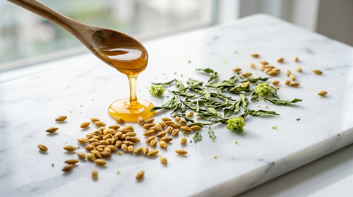 金麥蜂釀香綠茶的核心原物料呈現：清透綠茶葉、烘焙麥粒與金色蜂蜜的三重奏