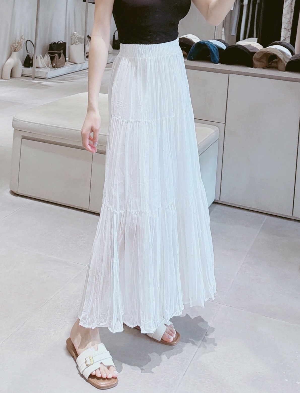 鬆緊腰鑽鑽壓摺雪紡長裙