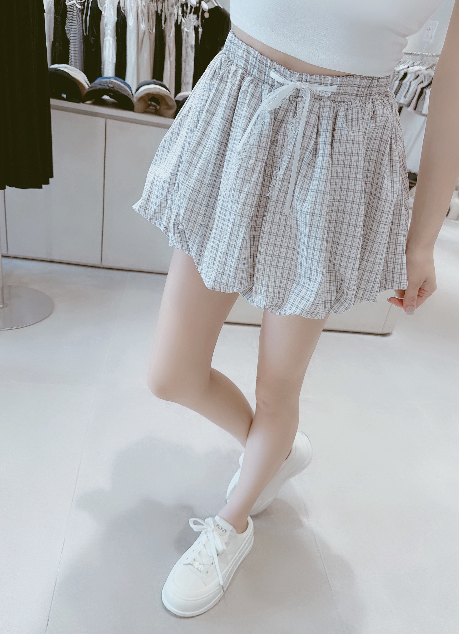 蕾絲緞帶抽繩格紋花苞褲裙