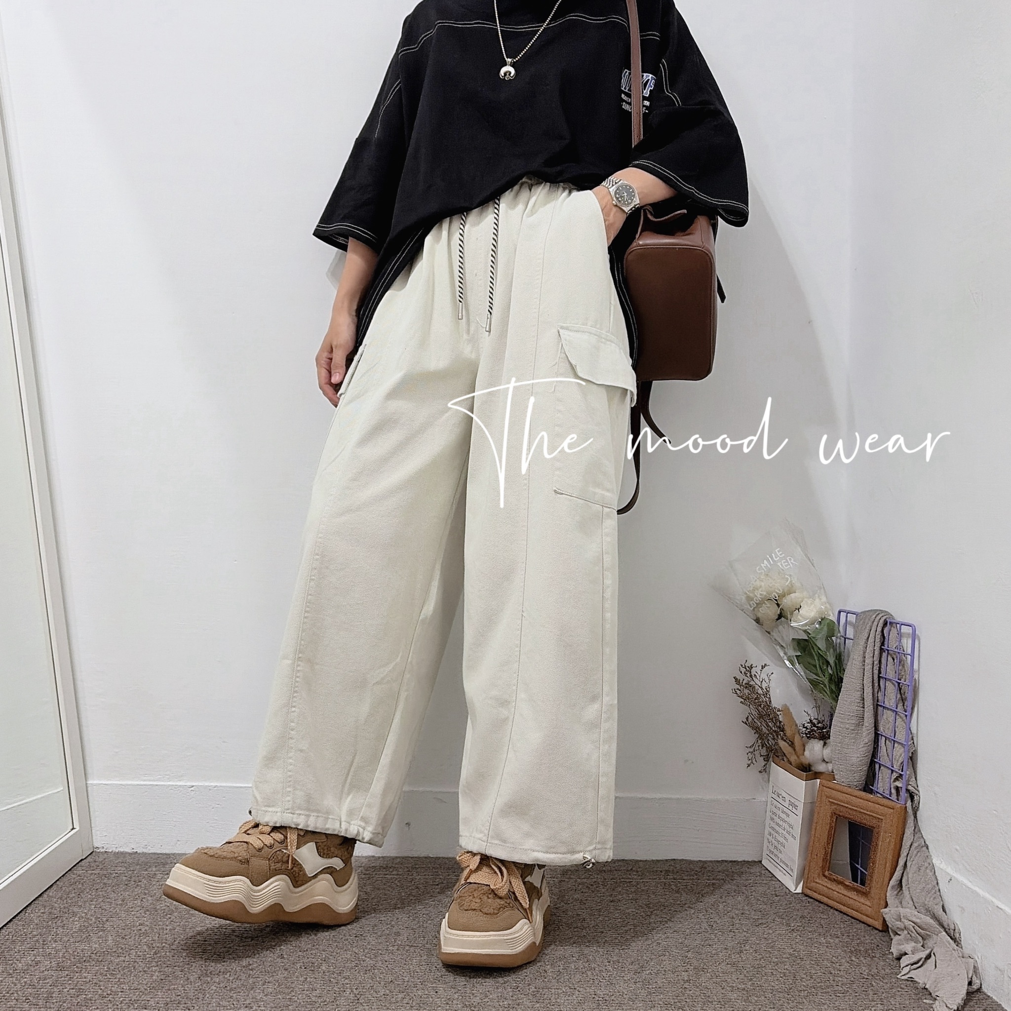 85公斤可穿 超挺口袋工裝寬褲(白/牛仔黑)