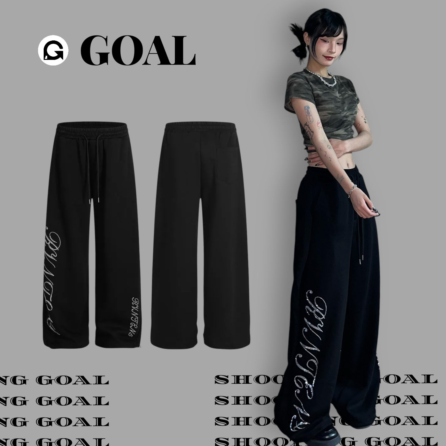 (GOAL) 復古燙鑽落地棉褲 闊腿褲 男女款 FIVE 1740