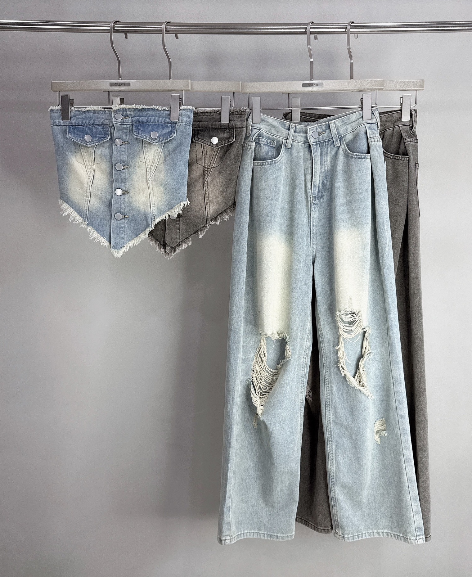 復古後鬆緊平口背心+抓破牛仔寬褲 8612