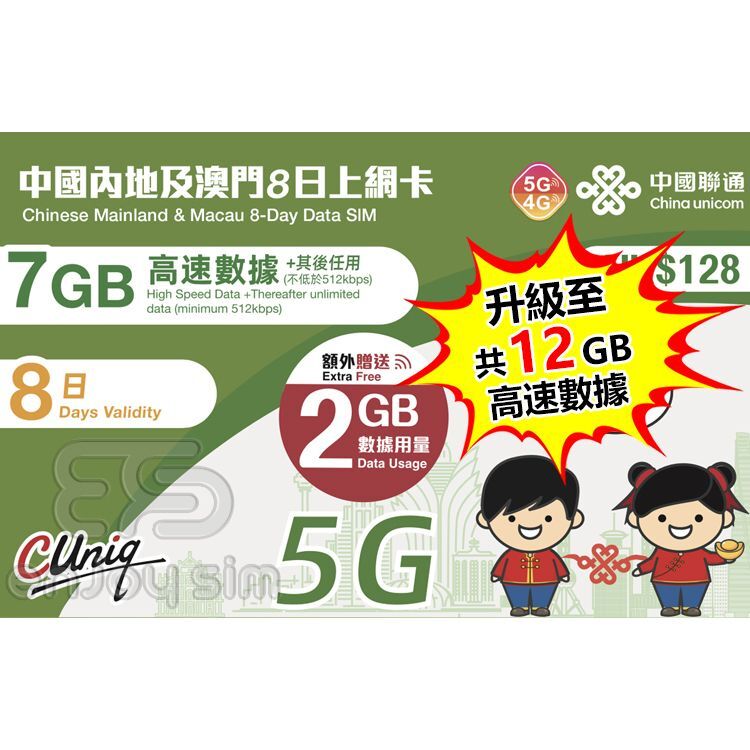 中國聯通 - 8日【內地及澳門】(12GB) 5G 無限上網卡數據卡SIM咭