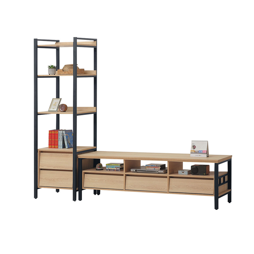 柏蒂家居-席恩工業風8尺L型電視櫃組合(2尺二抽開放式展示櫃+6尺三抽開放式電視長櫃)