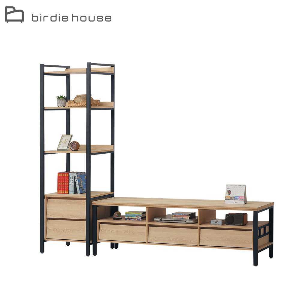 柏蒂家居-席恩工業風8尺L型電視櫃組合(2尺二抽開放式展示櫃+6尺三抽開放式電視長櫃)