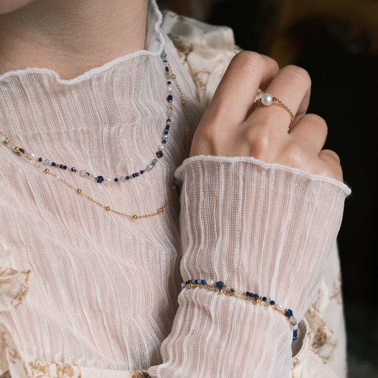 深藍航線手鏈 青金石 海藍寶 天然珍珠 表達清晰 關係流動 鈦鋼手鍊