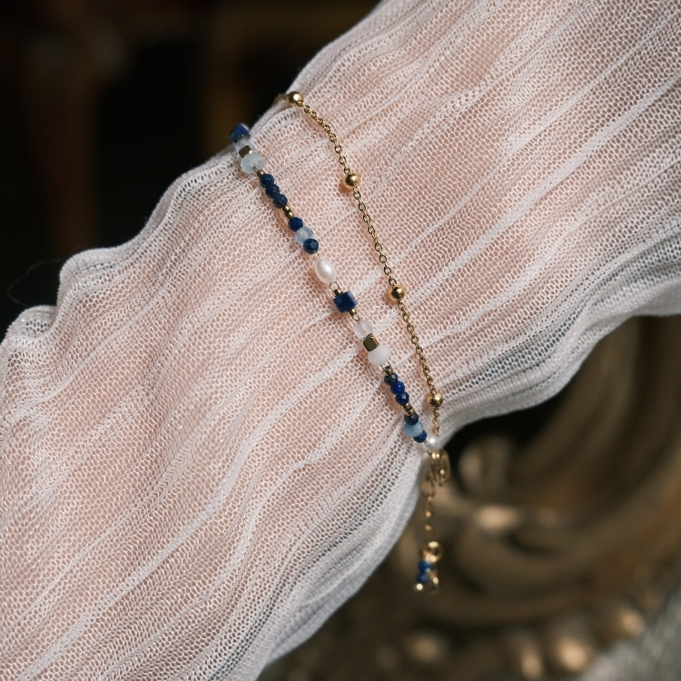 深藍航線手鏈 青金石 海藍寶 天然珍珠 表達清晰 關係流動 鈦鋼手鍊