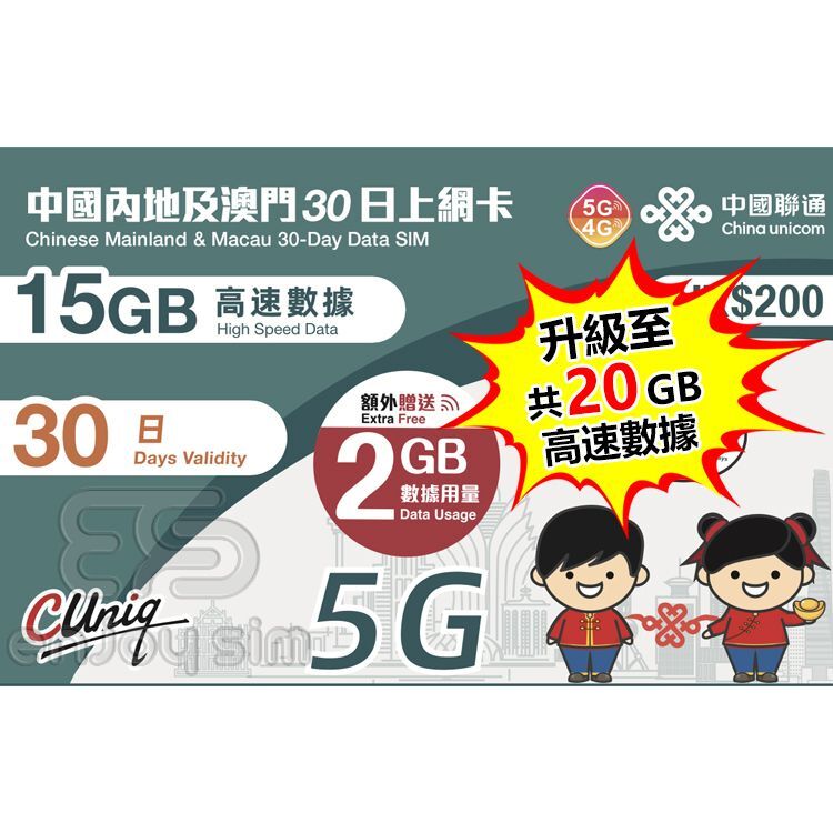 中國聯通 - 30日【內地及澳門】(20GB) 5G 上網卡數據卡SIM咭