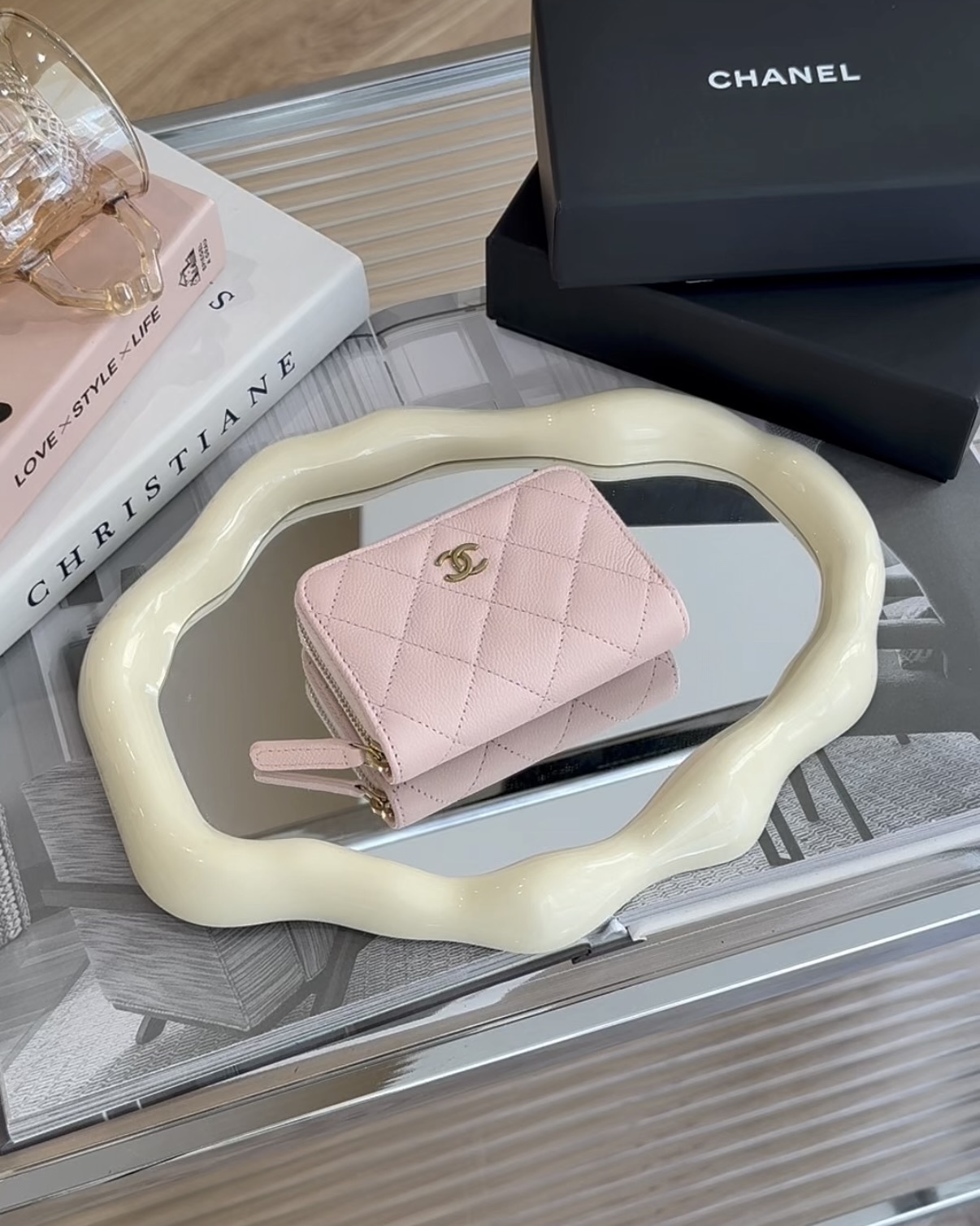 CHANEL｜COCO ㄇ字拉鍊內三層零錢卡包 粉金