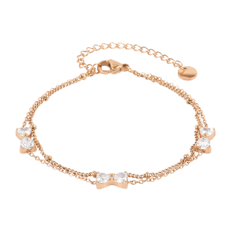 白鋼手鍊，女士手鍊 蝶結微光；輕巧不單薄 雙層鍊讓線條更有層次（4245玫瑰金）