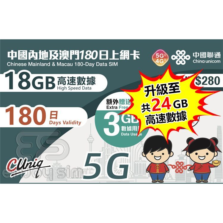 中國聯通 - 180日【內地及澳門】(24GB) 5G 上網卡數據卡SIM咭