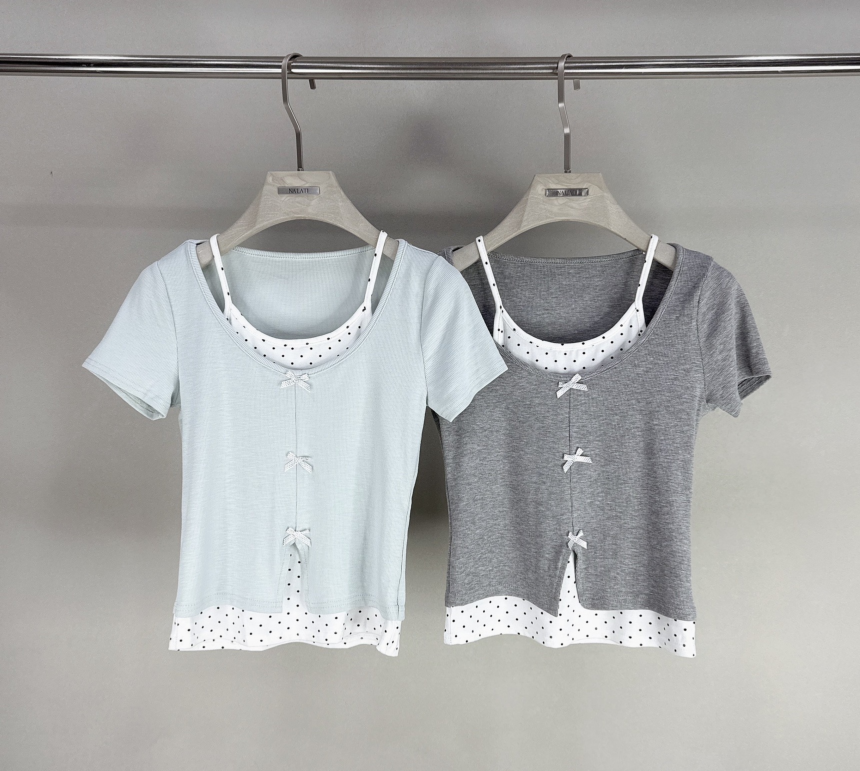 假兩件點點蝴蝶結上衣