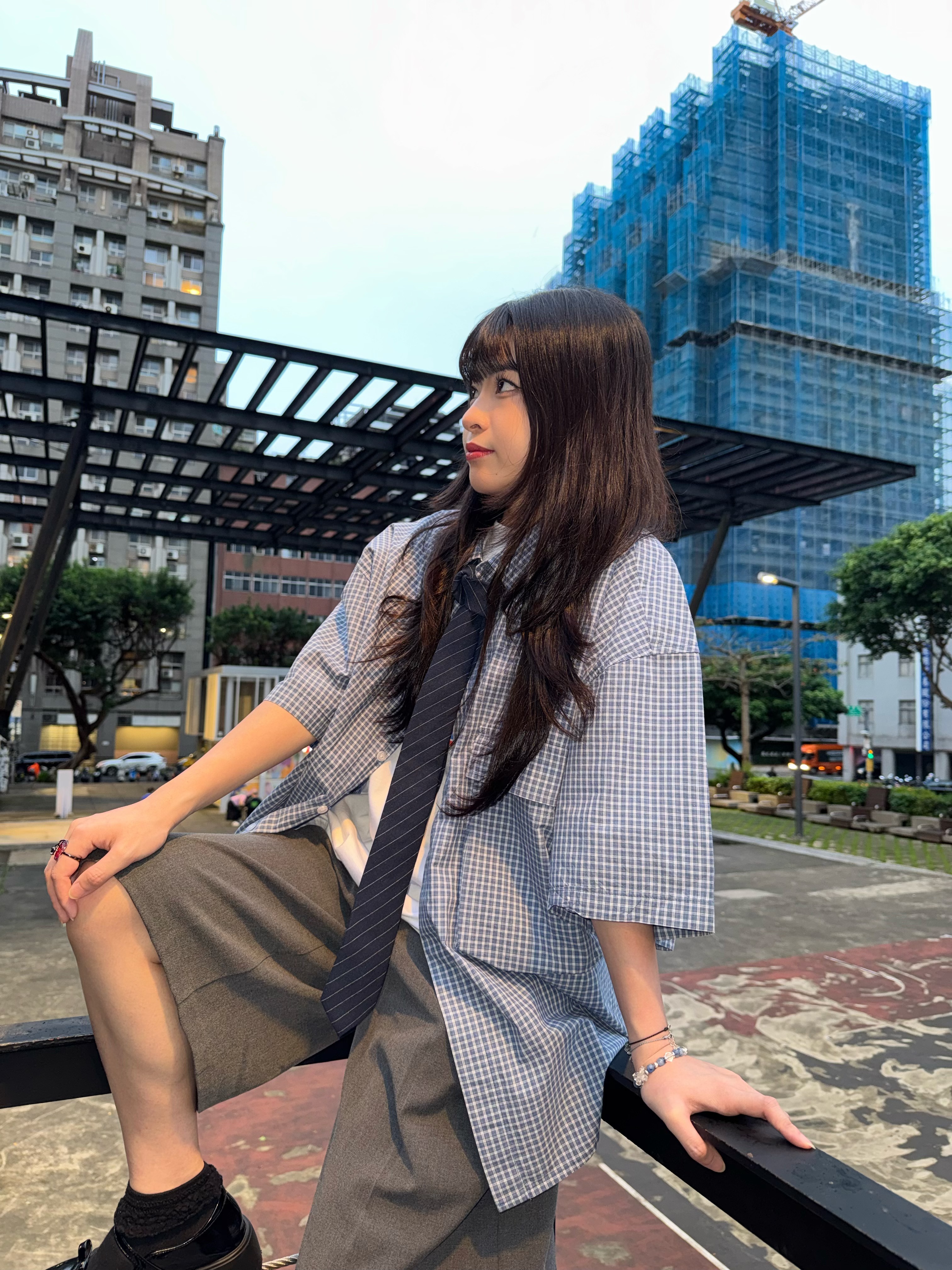 落肩大口袋格子襯衫/藍