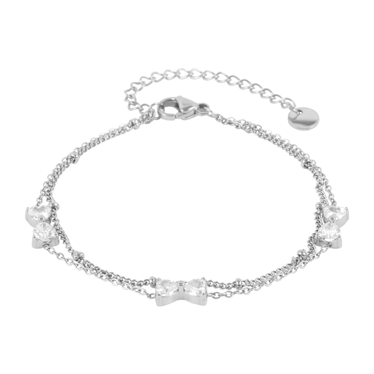 白鋼手鍊，女士手鍊 蝶結微光；輕巧不單薄 雙層鍊讓線條更有層次（4245銀色）