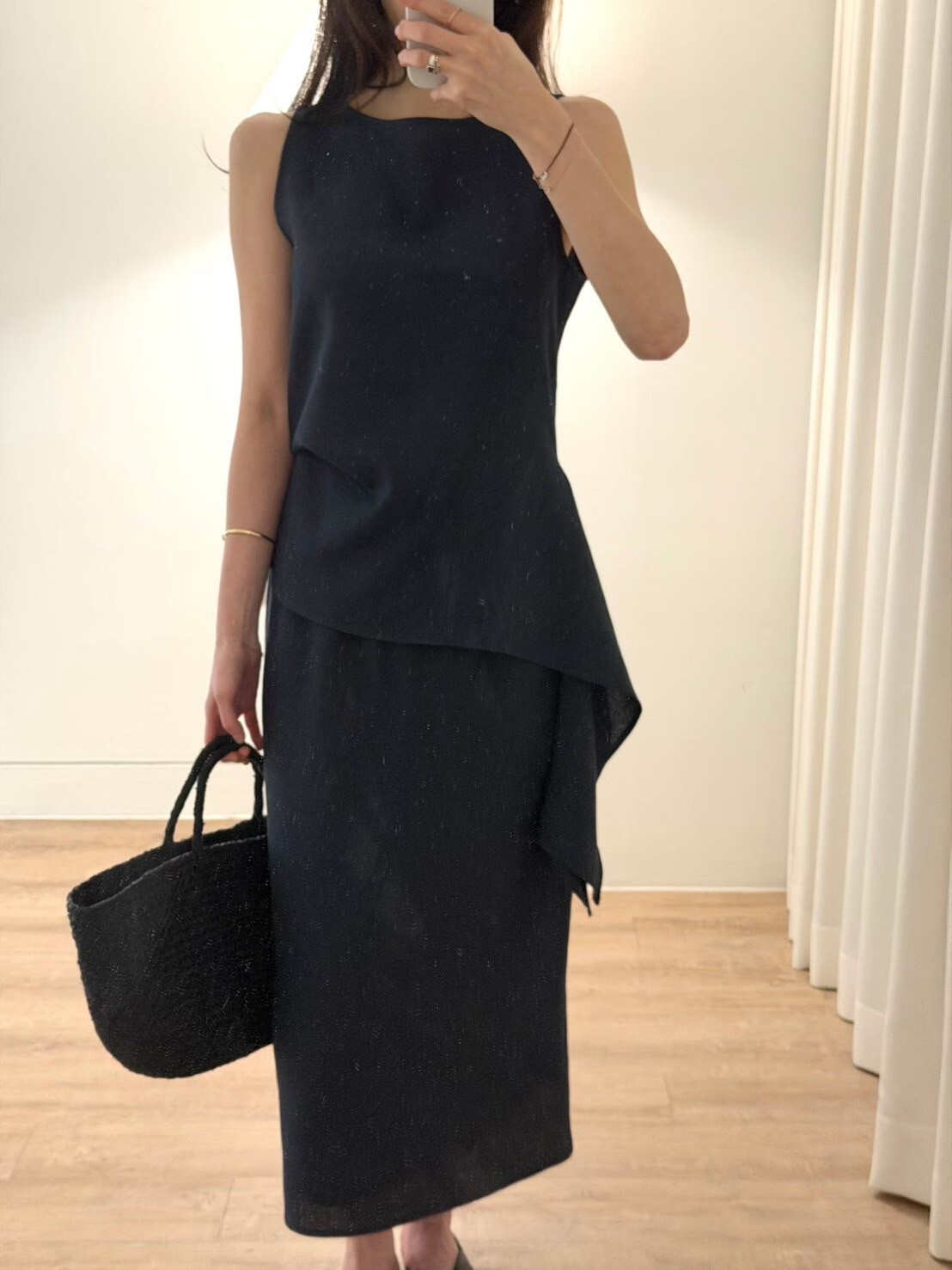 側抓摺垂墜造型圓領上衣+長裙SET / 3色