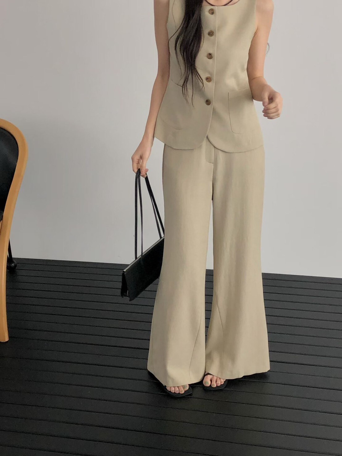 方領排釦雙口袋背心上衣+長褲SET / 2色