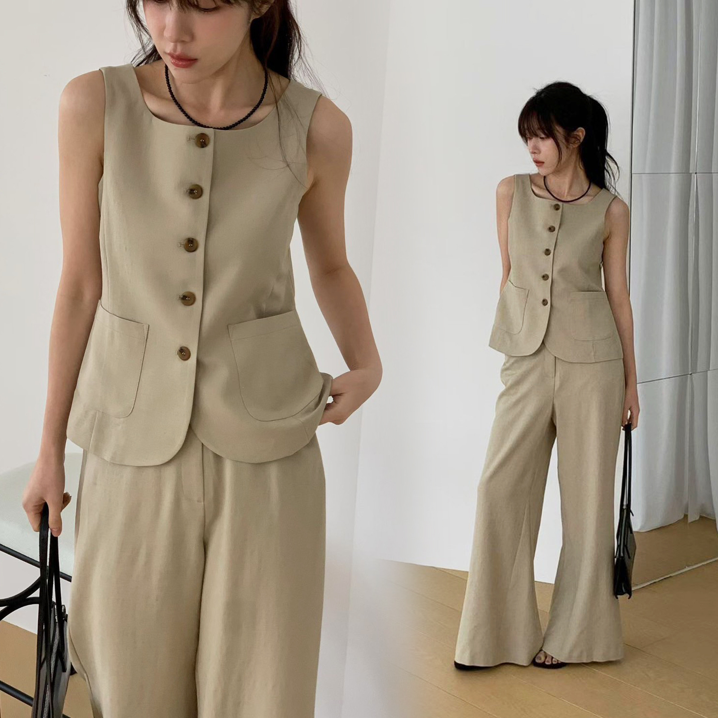 方領排釦雙口袋背心上衣+長褲SET / 2色