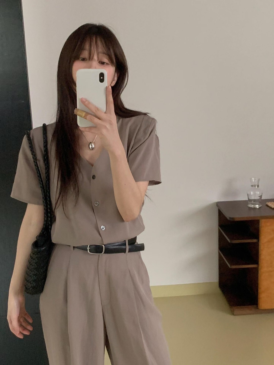 柔霧色系V領排釦短袖上衣+長褲SET / 3色