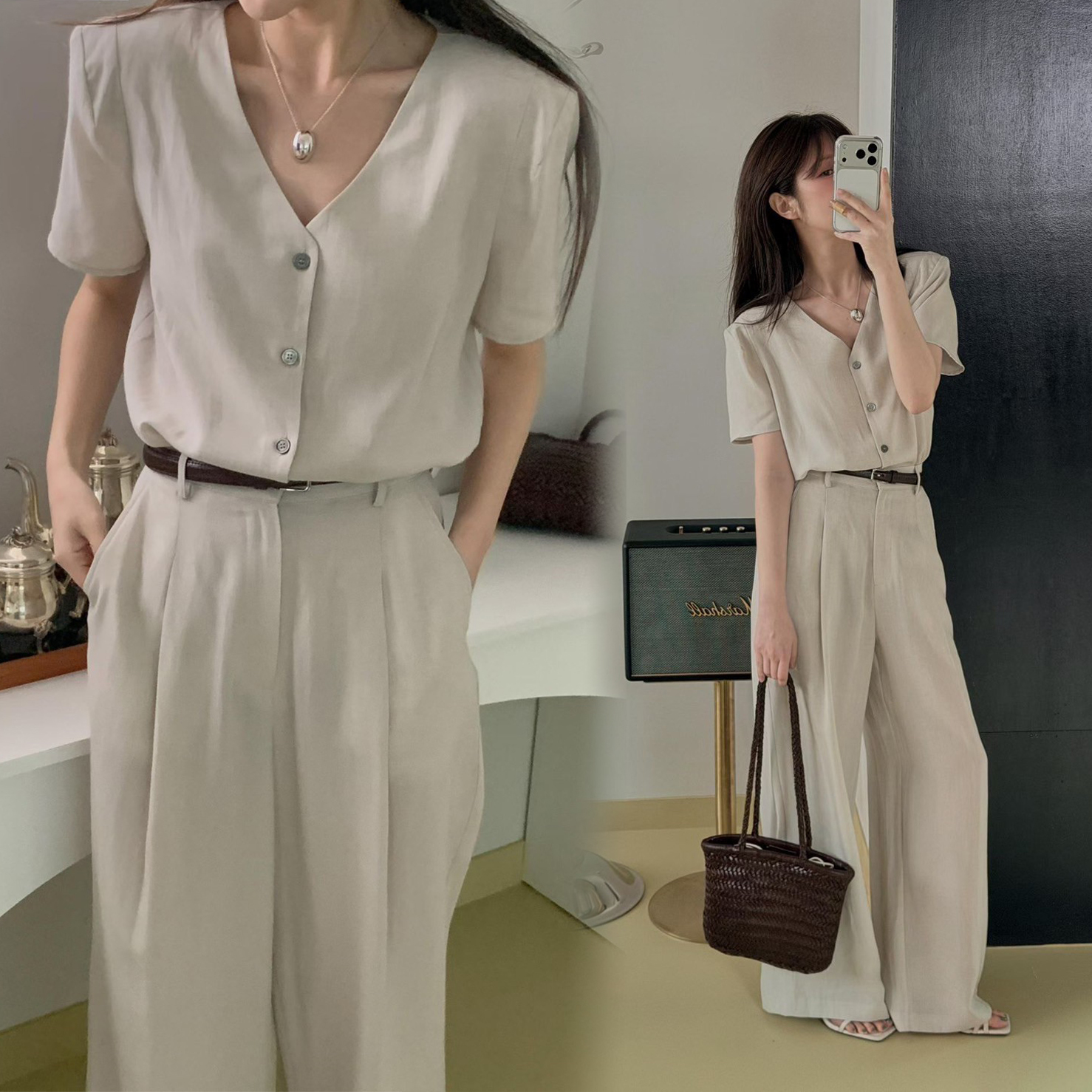 柔霧色系V領排釦短袖上衣+長褲SET / 3色