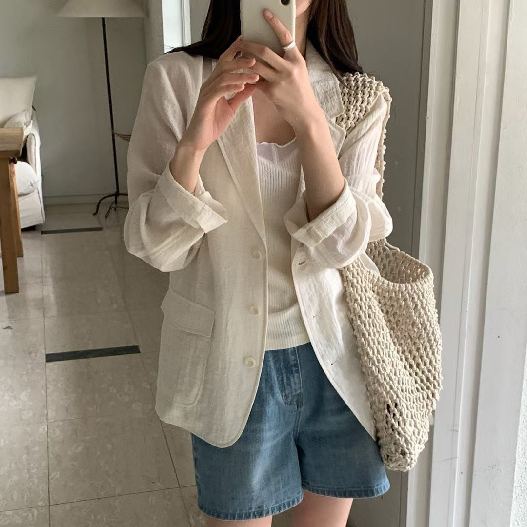夏日涼感棉麻排釦V領西裝外套 / 4色