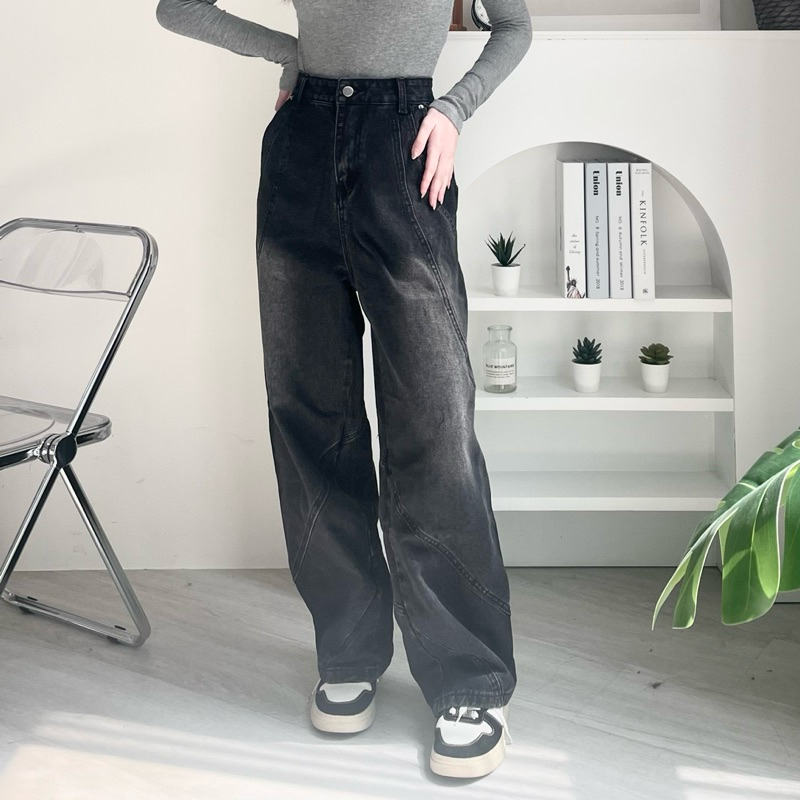 韓版螺旋車線 寬褲 水洗牛仔褲 80778