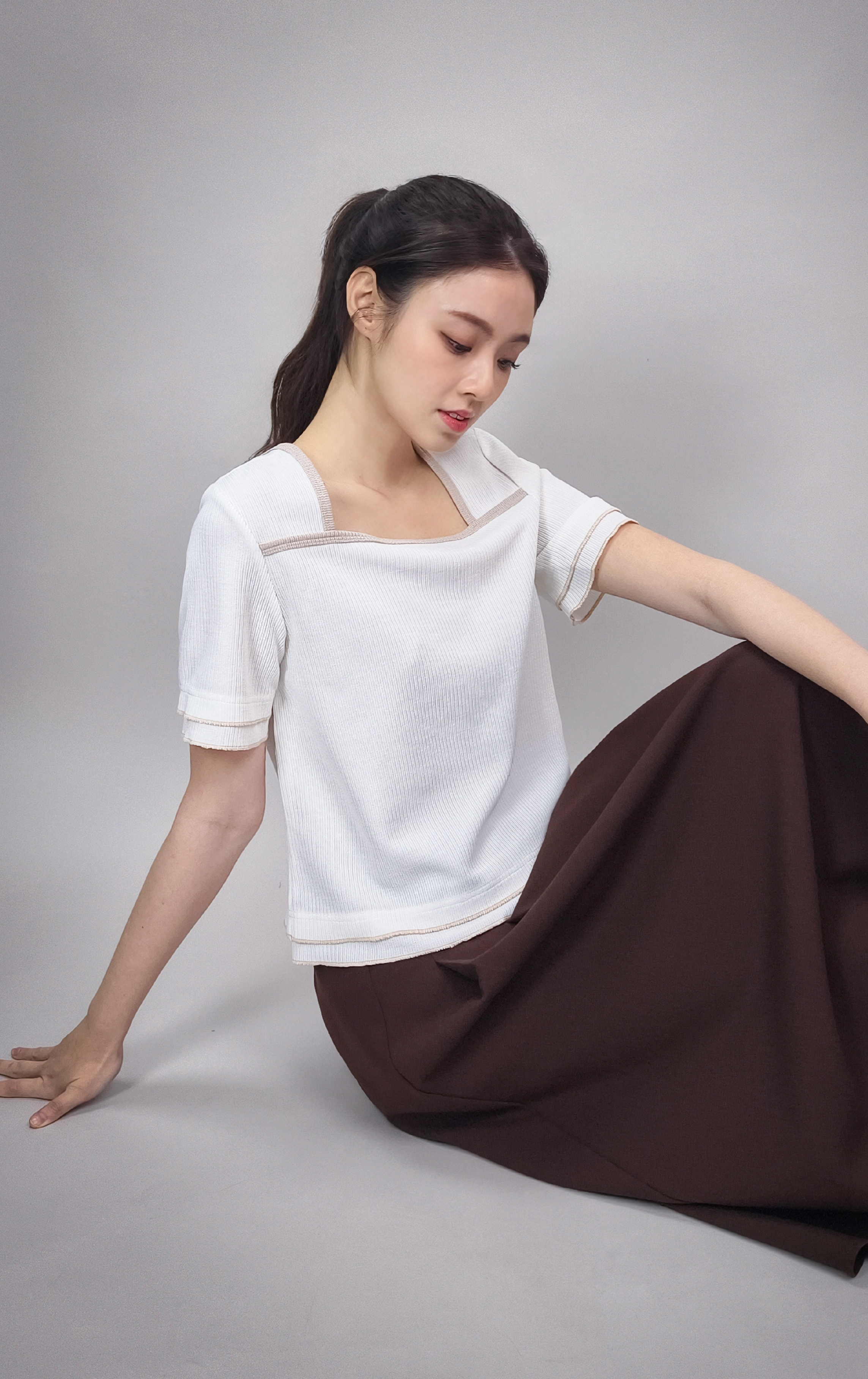 Square Neck Knit Top with Contrast Piping and Back Tie ST0410