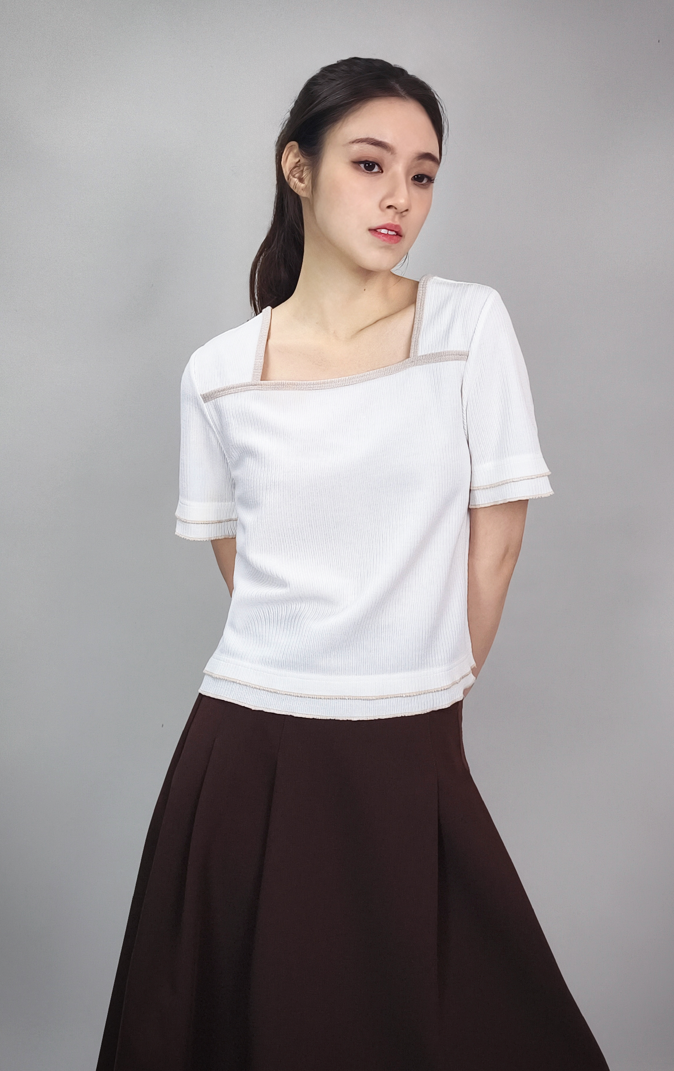 Square Neck Knit Top with Contrast Piping and Back Tie ST0410